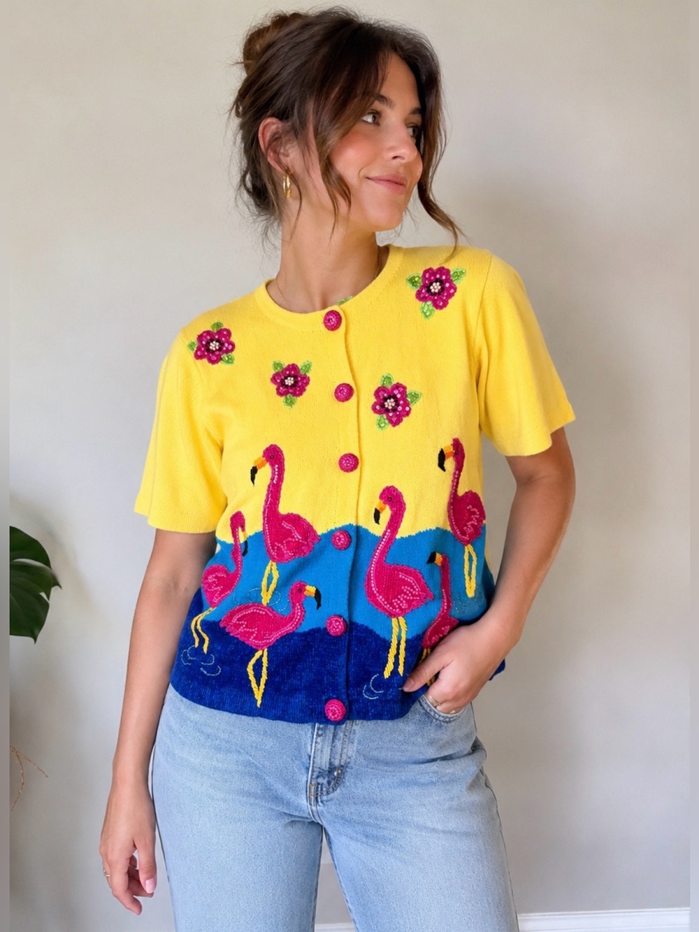 Vintage Yellow Flamingo Flower Beaded Knit Cardigan Ramie Colorful Classic Small